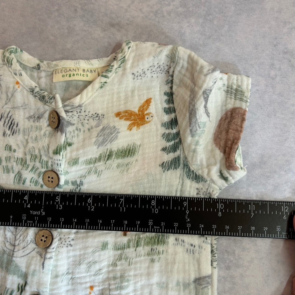 Elegant Baby Organics Woodland Muslin Romper 6-9M White Forest Print Bear Fox - Picture 7 of 7